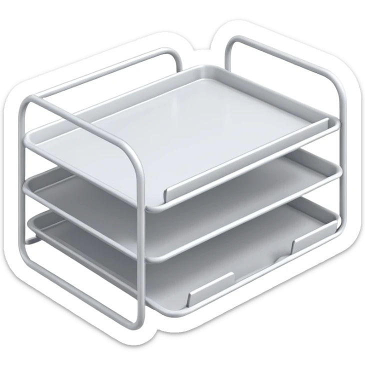 A minimal, clean emoji-style illustration of a white metal desk paper organizer tray, shown in slight isometric view so its structure is readable at a small scale. The organizer is rectangular with rounded corners, made of thin white metal wires, forming two to three stacked horizontal slots.
 sticker