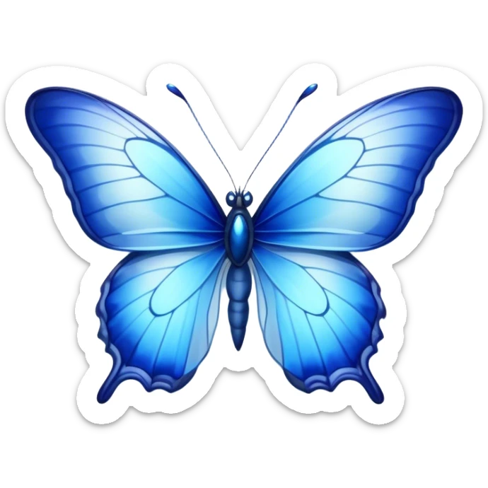 Cinematic Realistic Noble Blue Butterfly Portrait Emoji, Poised and graceful, with delicate, translucent wings rendered in vivid sapphire and indigo tones, a slender, elegant body with finely detailed textures, and gentle, reflective eyes, illuminated by soft natural light, high shine, intelligent and ethereal, styled with an air of refined natural beauty, focused and attentive, soft glowing outline, capturing the essence of a watchful and confident blue butterfly that appears to flutter out of the screen with effortless grace! sticker