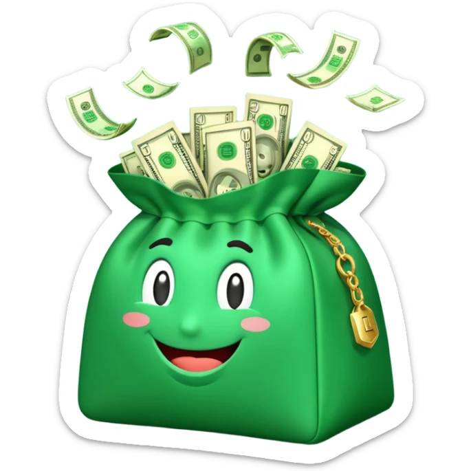 

3D emoji style, big bag of money, flying dollar bills, rich casino vibe, smooth lighting, high detail, clean edges, transparent background



 sticker