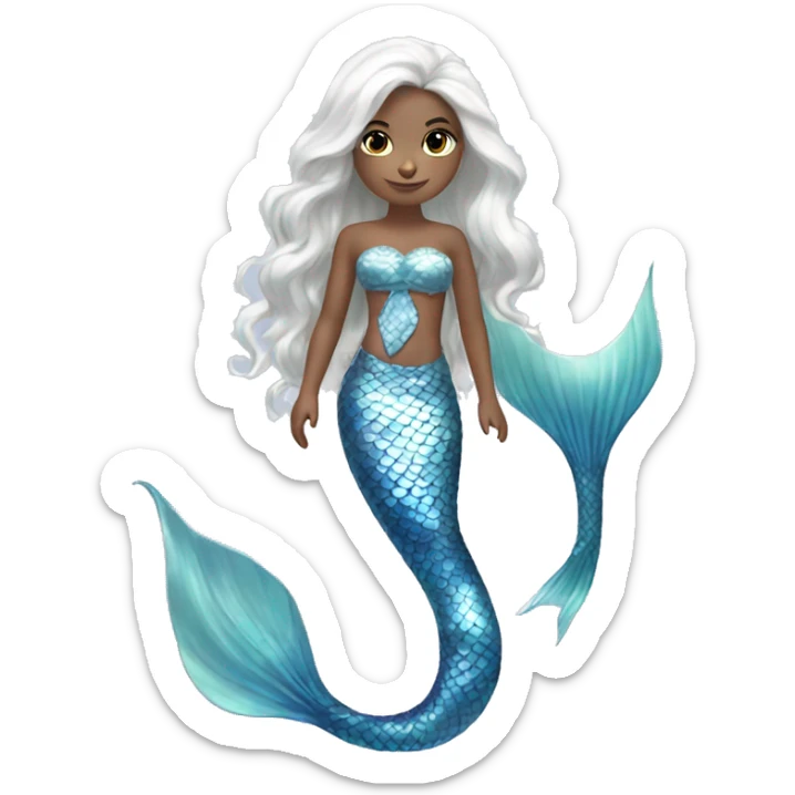 Iridescent silver mermaid tail full body blue eyes almond skin girl long white hair sticker