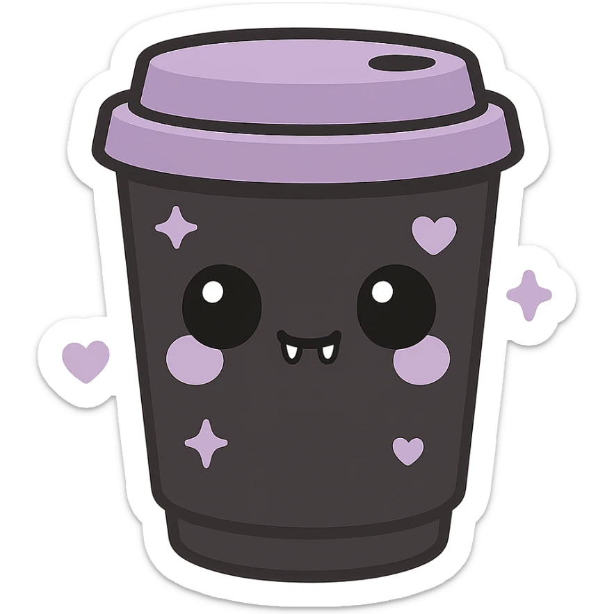 kawaii style gothic mocha, cute face, black takeaway cup, purple heart and star decorations, tiny fangs, fun and gothic sticker