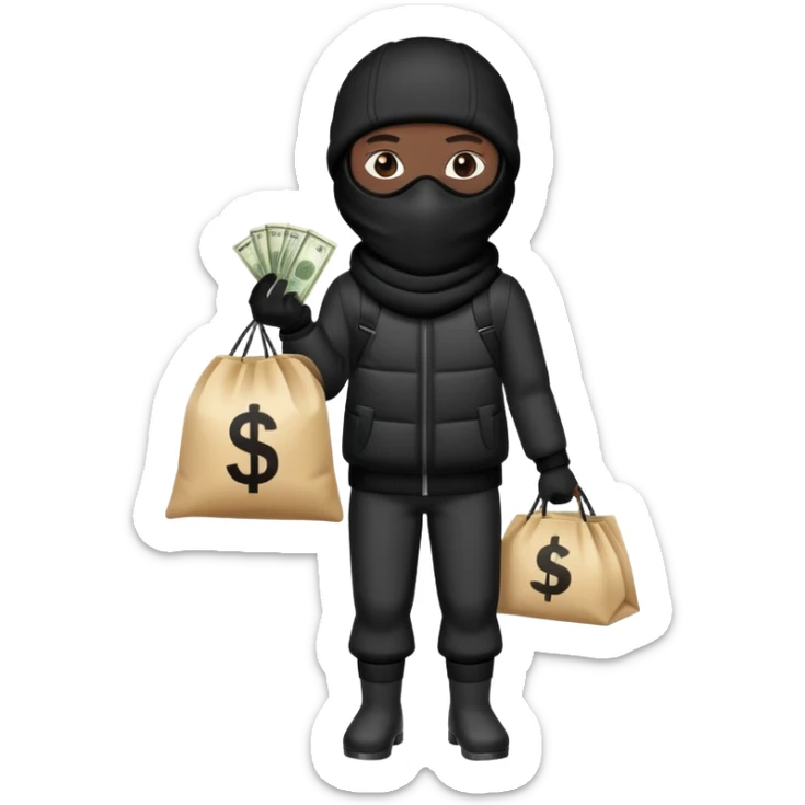 Black Ski mask holding bags of money with  skin color black sticker