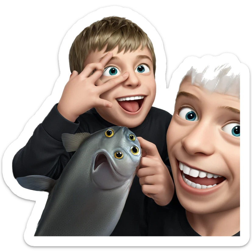 boys smiling with fish sticker