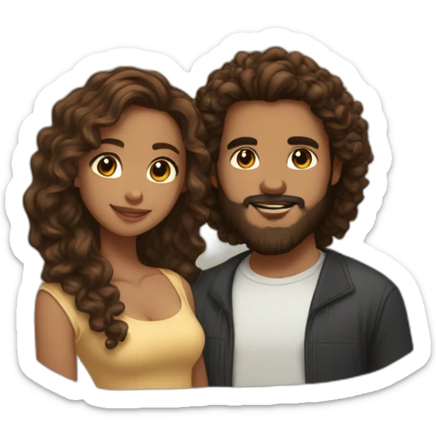 light brown skin girl with long curly brown hair and her boyfriend with light skin and black beard sticker