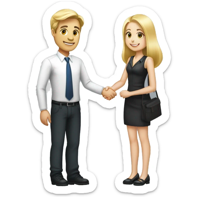 A 40-year-old fair-skinned businessman shakes hands with an 18-year-old fair-skinned blonde girl, full-length emoji sticker