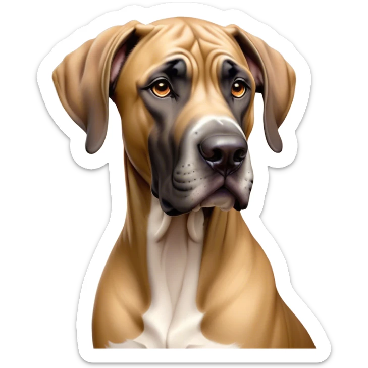 Cinematic Noble Fawn Great Dane Portrait Emoji, Poised and regal, with a towering, muscular build and a sleek, well-groomed solid fawn Fur accented by subtle dark markings, deep-set soulful amber eyes, Simplified yet sharp and sophisticated features, highly detailed, glowing with a soft, dignified glow, high shine, intelligent and gentle, stylized with an air of majesty, focused and attentive, soft glowing outline, capturing the essence of a watchful and confident guardian, so majestic it feels as though it could stride out of the screen with effortless authority! sticker