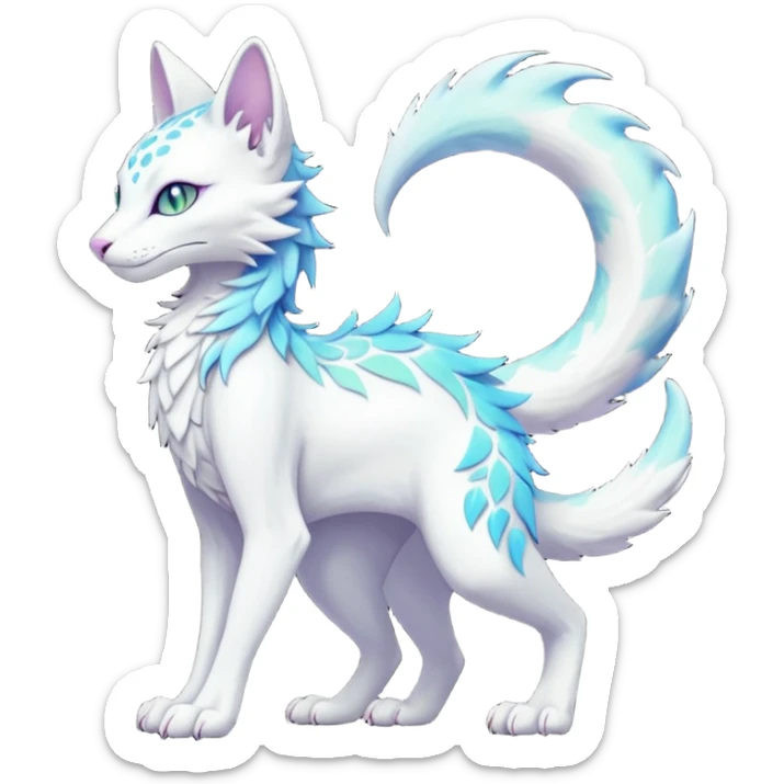 Kawaii white iridescent edgy fantasy feline-vernid-sergal-fursona animal creature with a tufted tail full body with intricate markings  sticker