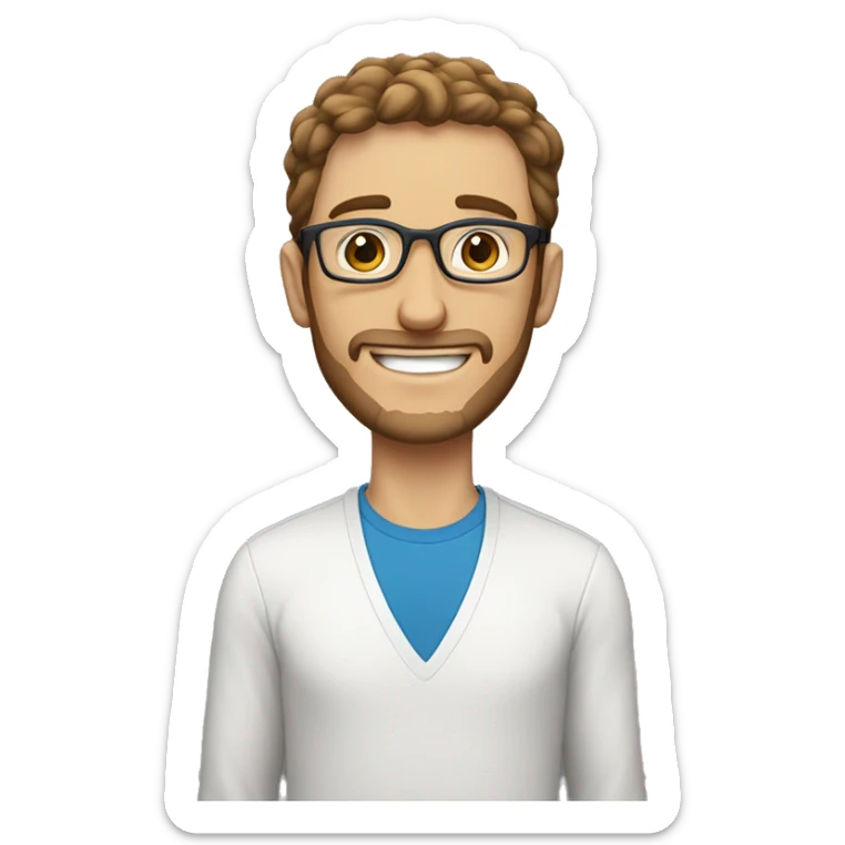 white man with blue eyes, brown hair, roundglasses, unshaven, no body, smiling sticker