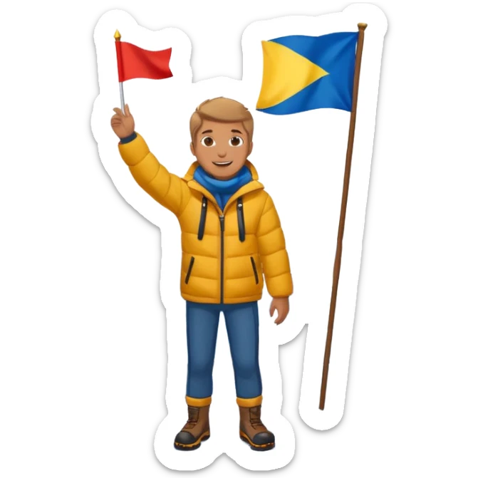 cheerful man stands on a mountain with some snow, waving a flag, the mountain is visible under his feet sticker