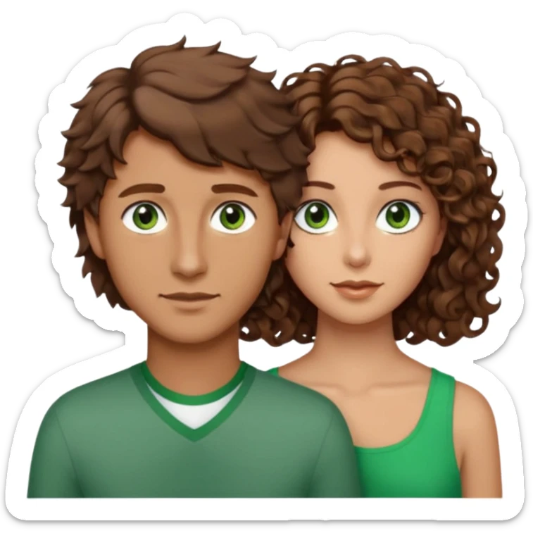 Man in the middle with brown hair and green eyes, women next to him with short brown hair with slight waves, taller women on right side with shoulder length curly hair and brown eyes sticker