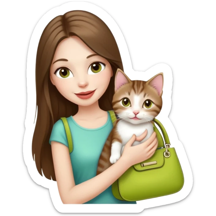 White Woman with VERY long straight brown hair, rosy lips and cheeks, big chartreuse eyes, cute happy big smile holding a white and brown tabby kitten, wearing a black purse sticker