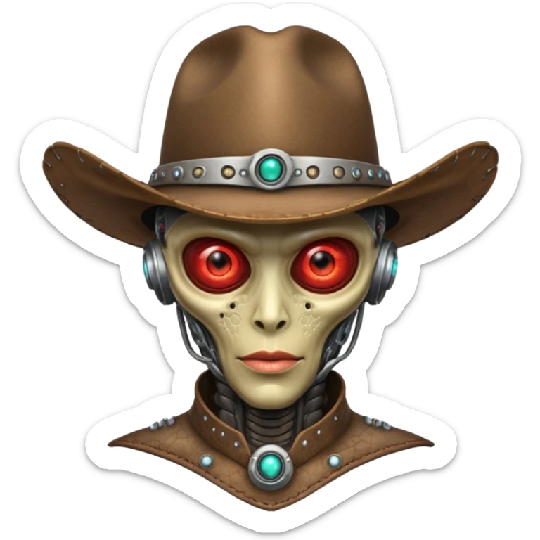 Close-up portrait of a biomechanical alien cowboy, half organic half robotic face, metallic textures blending with alien skin, glowing red eye, futuristic cowboy hat, moody lighting, ultra realistic detail, cyber-western style
 sticker