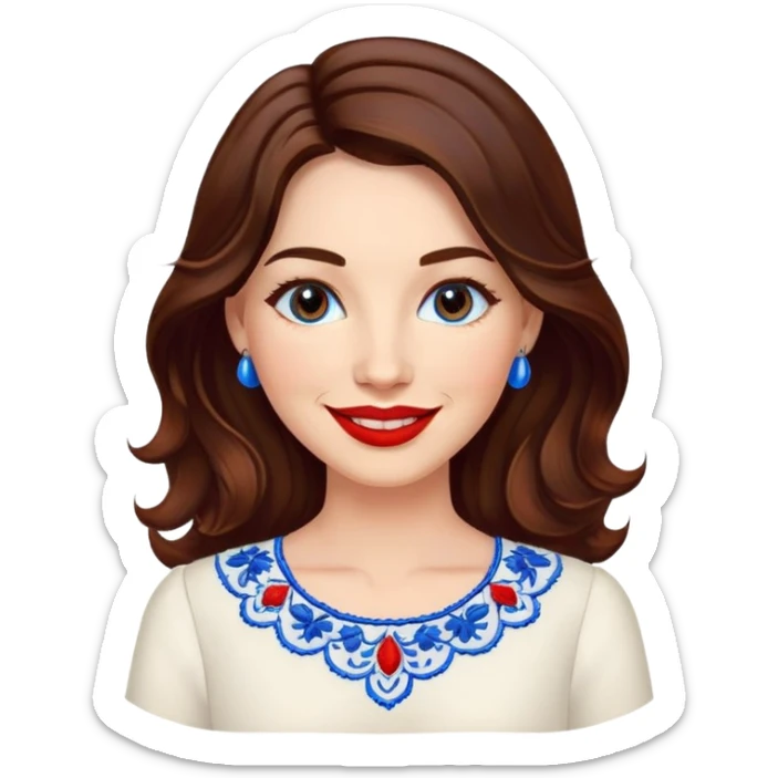 Friendly woman in her late 30s with luminous fair skin, round face, wide smile, large light brown eyes, vibrant red lips, shoulder-length dark brown wavy hair, wearing white blouse with blue embroidery and electric blue neckline sticker