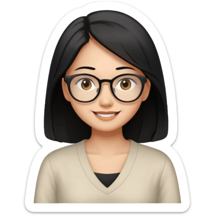 medium tan asian woman with long black hair past middle of back, round brown eyes, white v neck blouse. she has black thick frame rectangle shape glasses on and smiling with no teeth sticker