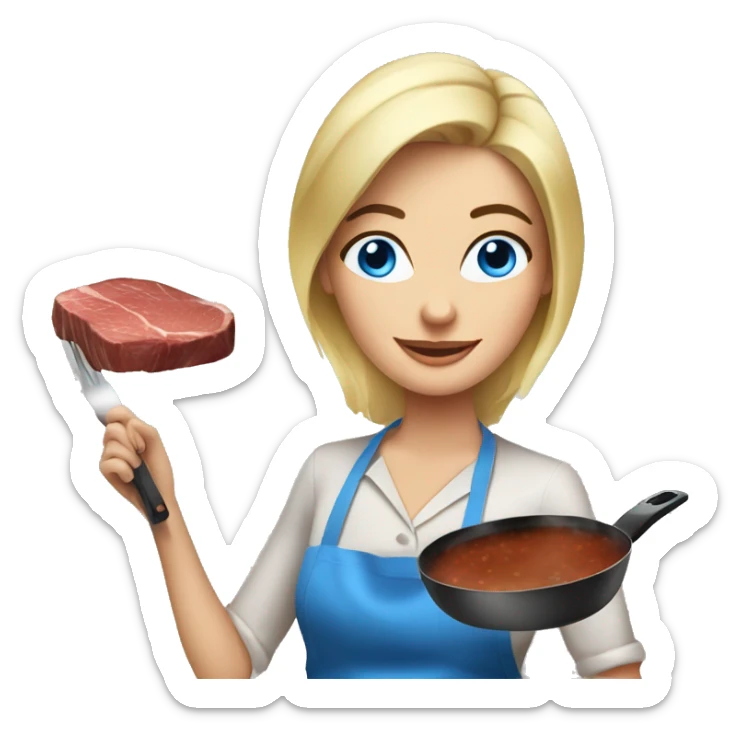 Beautiful blonde blue eyed woman cooking steak sticker