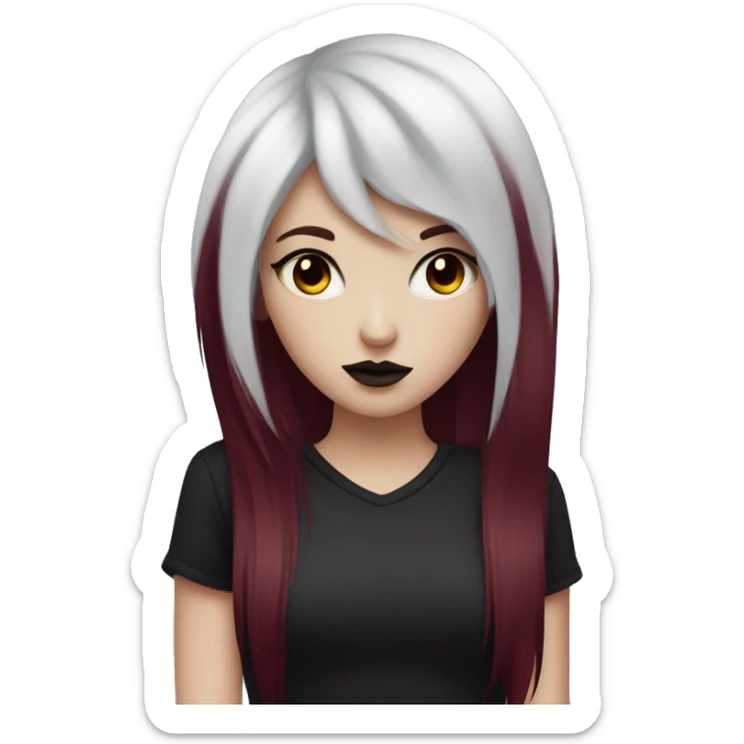 Pale girl with black eyeshadow and burgundy red  colored hair with an emo haircut that’s long and layered holding a black cat sticker