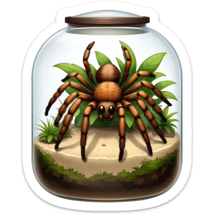 Close-up collage of a pet spider like tarantula, inside a large terrarium. Soft natural lighting highlights their textures and details. Transparent background sticker