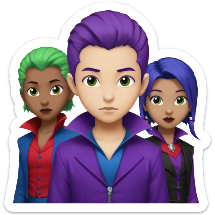 Solo poly platonic relationship, one African girl, one Asian boy, one biracial features Asian tomboy girl rat-tail hair long and upper masculine hair 90s, vampire and marvel cosplay elements inspired  use marvel colours, like instead of obvious human, green purple blue etc,  sticker