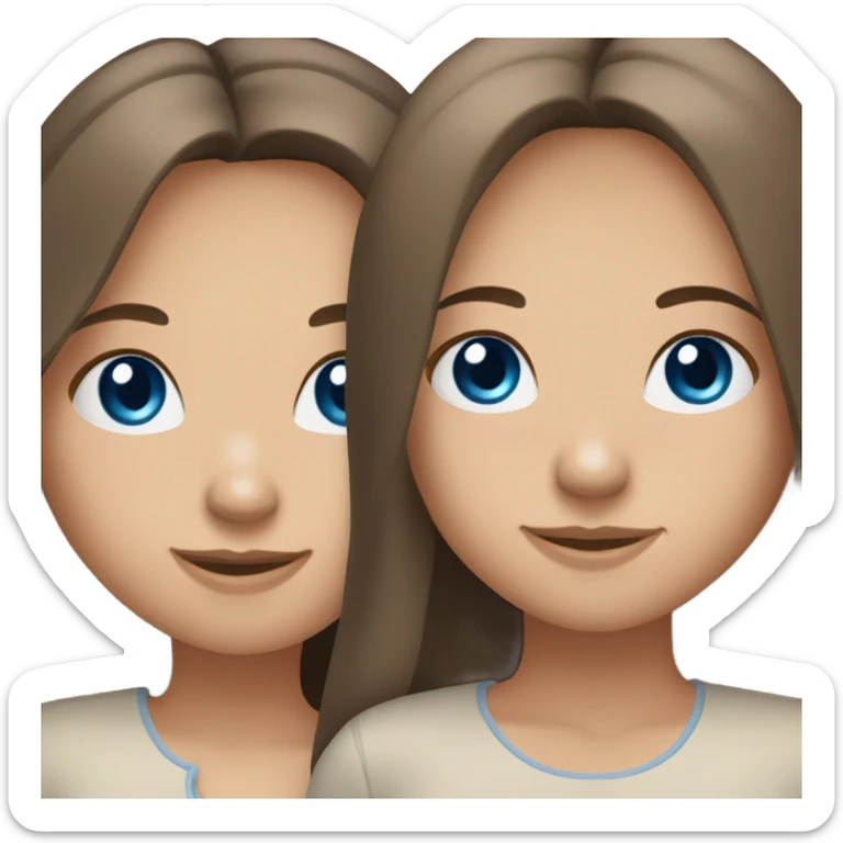Generate emojis where 2 girls are up to their shoulders standing next to each other, one with blue eyes with medium long hair, hair color is very light brown, the other with blue eyes with long dark brown hair sticker