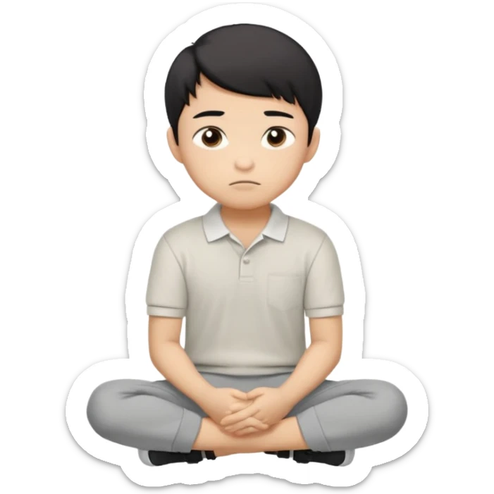 Cartoon Asian boy sitting cross-legged, clearly resting his closed fist against his cheek, looking thoughtful with a slight smirk. White polo, gray pants, black shoes, large eyes, short black hair. Clean vector style, flat colors, black background. sticker