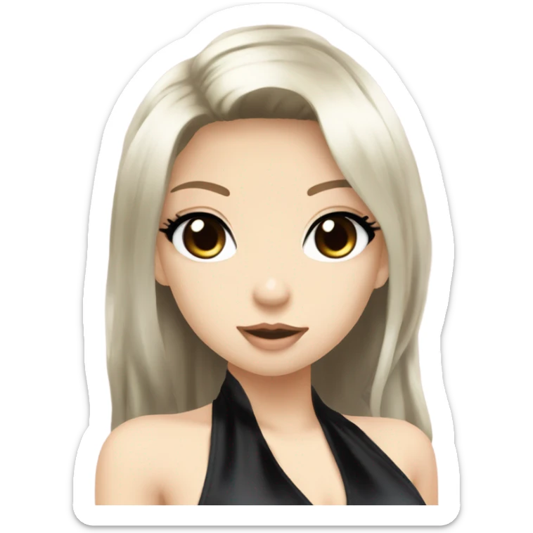 hime gyaru girl with LONG SILKY BLACK HAIR, with black satin halter top with chest, very pale skin and pretty brown monolid eyes sticker