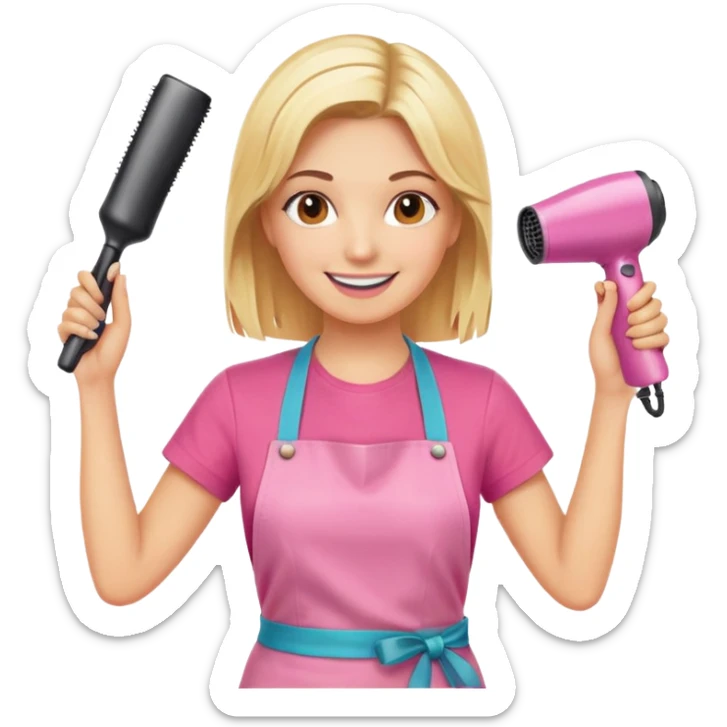 smiling blonde woman hairstylist wearing pink t-shirt and orange apron, hands raised, holding scissors and hairdryer sticker