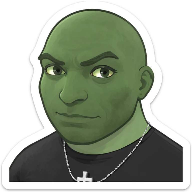 balkan white guy masculine biceps with dark brown hair as buzz cut and thick eyebrows with a slit on them wearing a black shirt that is tight and you can see his muscles dark brown eyes and wearing a small silver cross necklace sticker