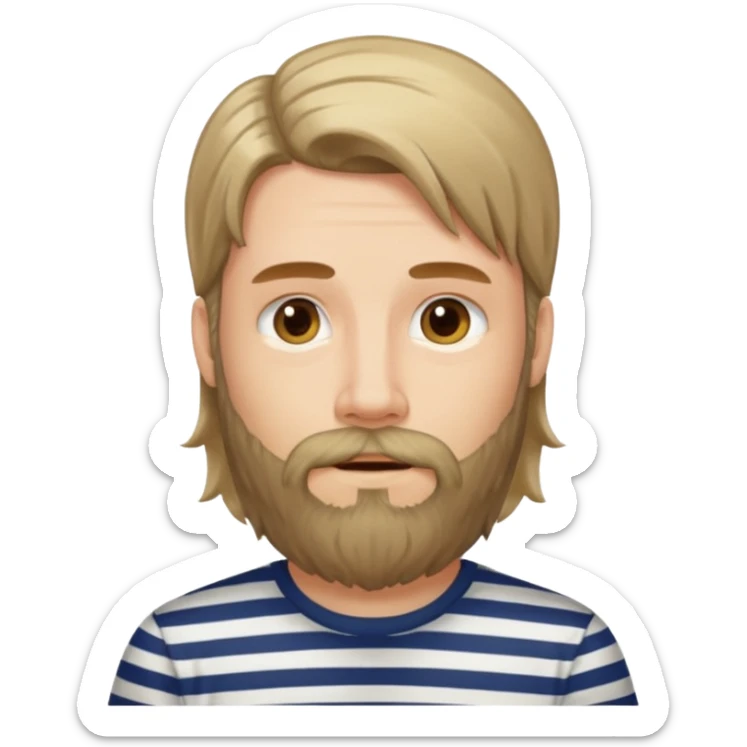 He has long hair and a beard but no moustache and wears a vertically striped t-shirt. sticker