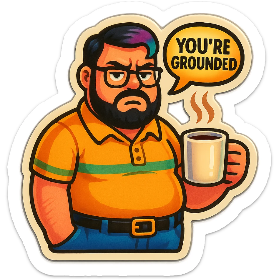 A realism art illustration art style of handsome plus-size man with black hair and a purple to green ombre streak, black beard, blue eye, glasses, dressed like a dad, holding a coffee mug, You’re grounded speech bubble, frowning  sticker