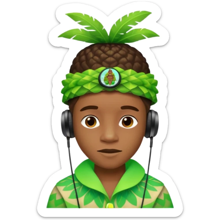 Create me an emoji of a cool Young Nigerian prince wearing a neon green gradient African patterns with  a "hula hat" (a Nigerian-inspired hat) and wearing earpods. sticker