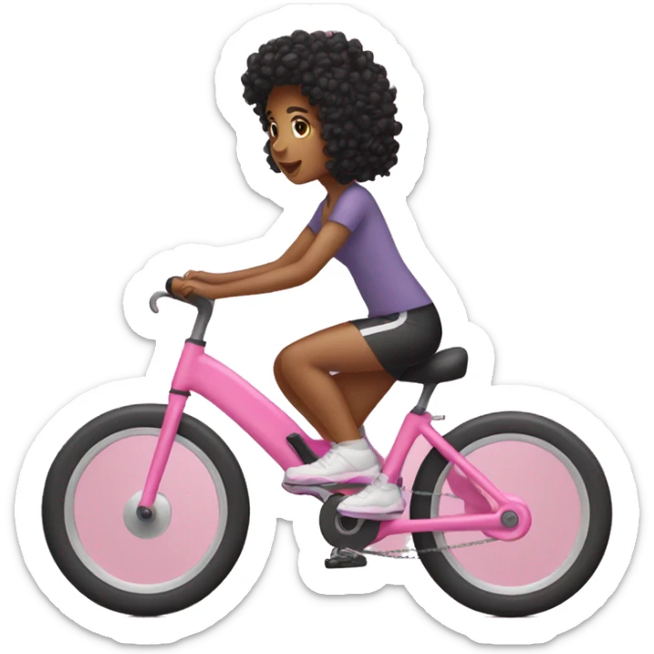Girl with black curly hair riding a pink stationary bike sticker
