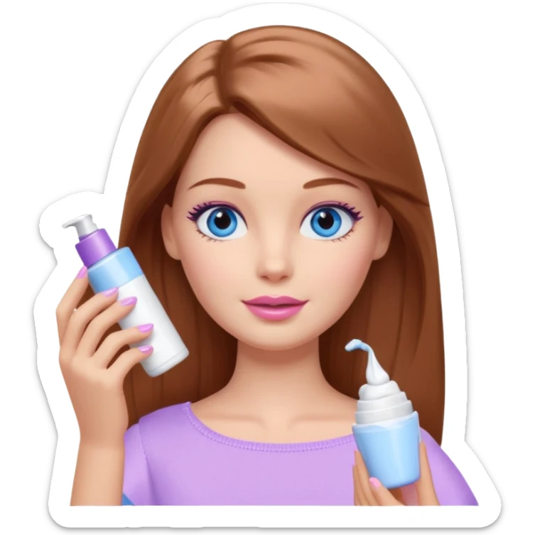 Barbie girl Chestnut Shoulder-length hair and blue eyes is In pale purple applying cream on face sticker