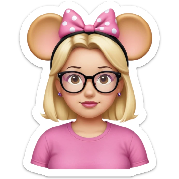 Thick Woman pink T-shirt Hazel eyes glasses blonde hair Black Minnie mouse ears sticker