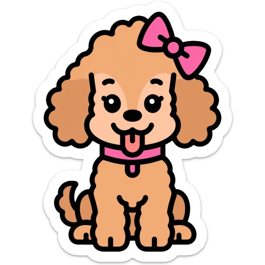 Cute brown poodle dog with a pink bow on its head and tail, with its tongue sticking out, and wearing a pink collar sticker