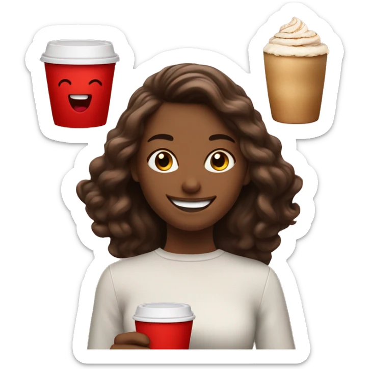 happy girl with coffee in a red cup in one hand and dessert in another  sticker