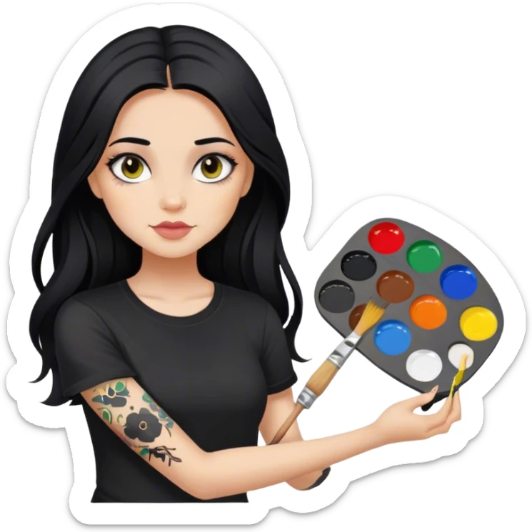 A girl with long black hair and hazel eyes and black tattoos on right arm holding a paint palette  wearing black shirt sticker