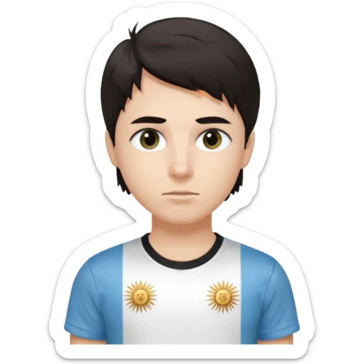 A dark-haired person with dark circles under their eyes and an Argentina t-shirt, with short and long hair but not combed. sticker