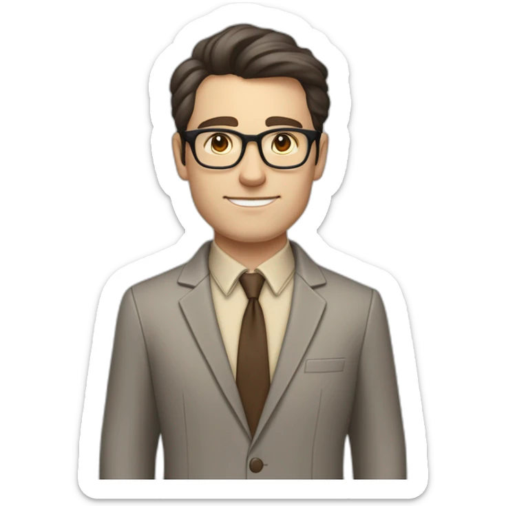 Full height Pale skinned fit man with dark brown hair in gray jacket, beige office shirt, brown tie, brown pants and vintage glasses. His right hand stretched out sticker