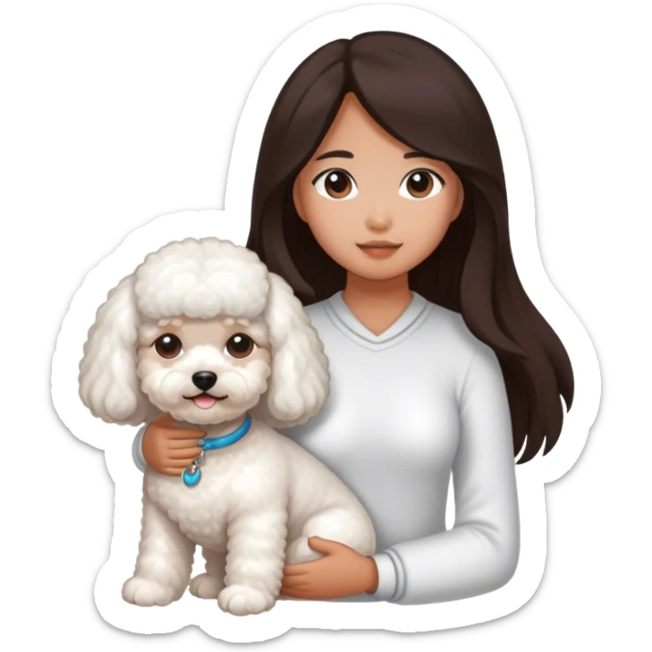 An Asian girl with tanned skin and long hair and a bichon sticker