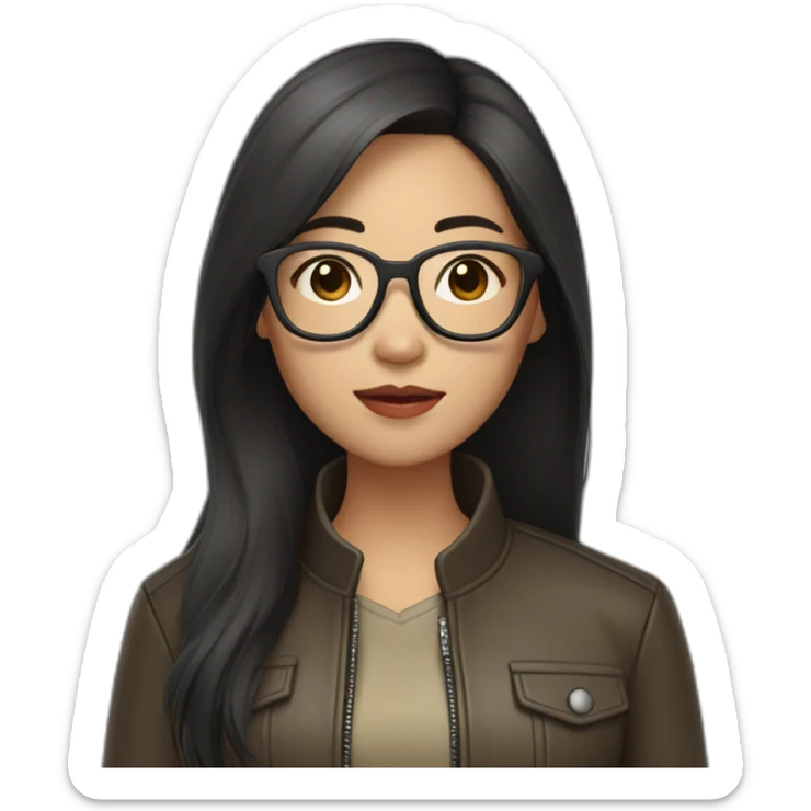asian girl with glasses and a leather jacket with a  khaki shirt and long dark hair sticker