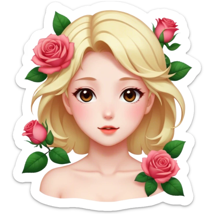 Gorgeous pastel shiny pearly colorful anime style lady with blushing face and roses leaves shiny aesthetic trending style sticker