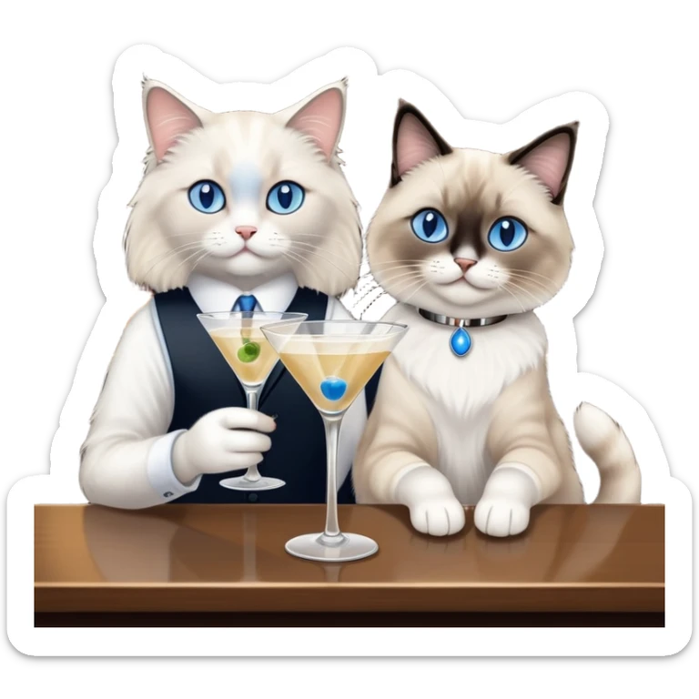 Ragdoll cat drinking martini at the bar with a black and white cat friend sticker