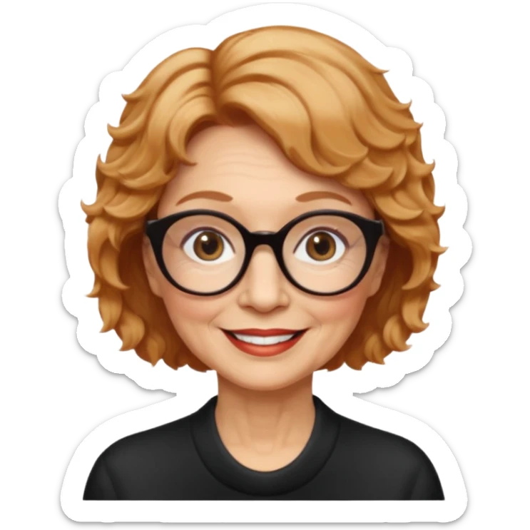 woman 70 years old, very short strawberry blonde weavy hair, brown eyes and round dark glasses smile sticker