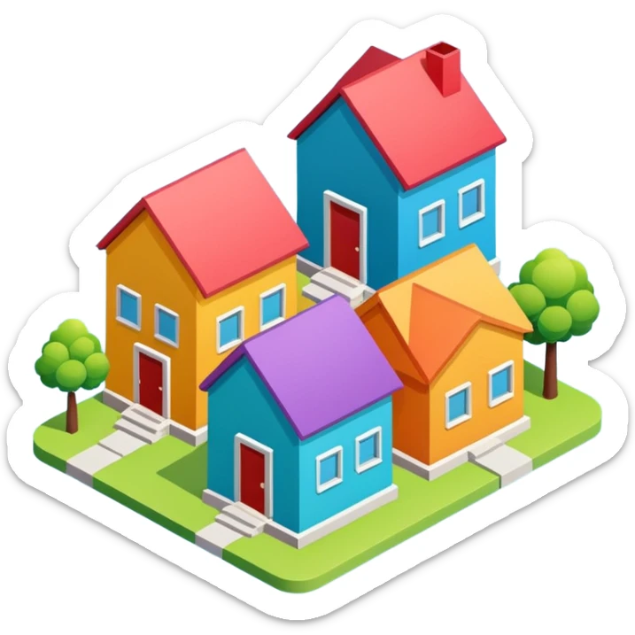 group of 3 houses representing neighborhood isometric houses on transparent background similar in style to the iphone icons sticker