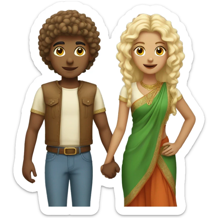 Indian boy with perm holding hand with blonde girl with straight ha sticker