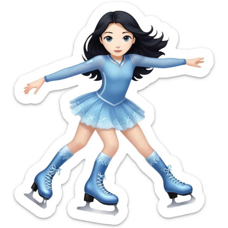 pale girl with long black hair ice skating, iOS emoji style sticker