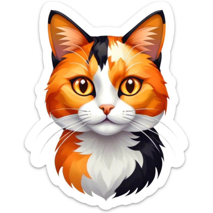 Cinematic Noble Calico Cat Portrait Emoji, Poised and regal, with a striking patchwork fur in vibrant orange, black, and white hues, delicate whiskers and a refined, focused gaze, simplified yet exquisitely detailed, glowing with a soft, moonlit radiance and an air of aristocratic elegance, high shine, exuding dignified intelligence and poised authority, soft glowing outline, capturing the essence of a watchful and noble calico cat that appears ready to grace the screen with effortless majesty! sticker