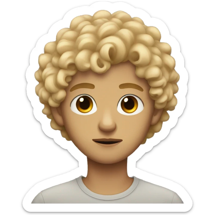 black eyes, very very curly blonde short hair teen boy, serious face, tan skin sticker