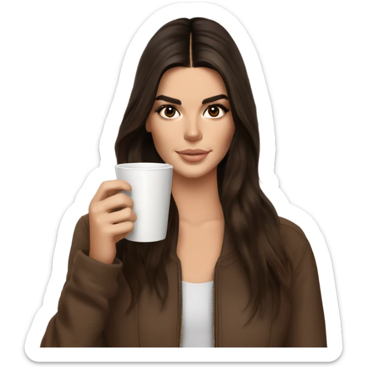 brunette Kendall Jenner with long and brown hair her eyes brown and sipping coffee  sticker