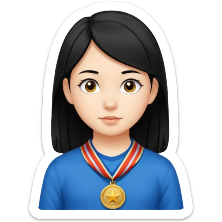 Girl child with black hair and many medals on neck sticker